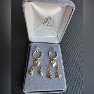 14k gold hoop earrings with three pairs of interchangeable charms.